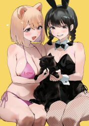 2girls animal animal_ear_hairband animal_ears bikini black_bow black_cat black_eyes black_leotard bow braid breasts cat cleavage collarbone commentary_request detached_collar fake_animal_ears fang fishnet_pantyhose fishnets hairband holding holding_animal holding_cat ikuchan_kaoru leotard medium_breasts mole mole_on_cheek multiple_girls open_mouth original pantyhose pink_bikini playboy_bunny short_braid side-tie_bikini_bottom simple_background sitting skin_fang smile swimsuit twin_braids white_mouth yellow_background
