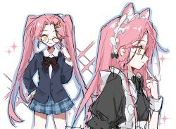 1girl :3 alien_stage animal_ears black_bow black_bowtie black_dress black_jacket blazer blue_skirt bow bowtie collared_shirt diagonal-striped_bow diagonal-striped_bowtie diagonal-striped_clothes dress glasses hair_ornament hand_on_own_hip jacket long_hair maid maid_headdress miaozishishenqishengwu mizi_(alien_stage) multiple_views one_eye_closed plaid_clothes plaid_skirt round_eyewear school_uniform shirt skirt star_(symbol) star_hair_ornament striped_clothes twintails very_long_hair white_shirt yellow_eyes