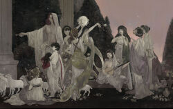 3boys 6+girls barefoot black_hair chalice chinese_commentary closed_eyes commentary_request cup dress goat harp highres instrument lute_(instrument) multiple_boys multiple_girls music nature nightman7917 open_mouth original outdoors pillar playing_instrument red_hair robe singing sitting sky smile standing tambourine tree vase white_dress white_robe