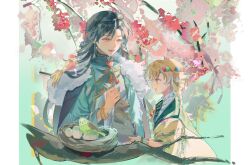 2boys animal animal_on_shoulder bingzhen_yugao bird bird_nest bird_on_shoulder bishounen black_hair blue_eyes border brown_eyes chinese_clothes egg flower hai_mi_sheng_bai_cai in_nest long_hair male_focus male_master_(the_tale_of_food) multicolored_hair multiple_boys nest orange_hair rabbit red_flower the_tale_of_food white_border white_hair