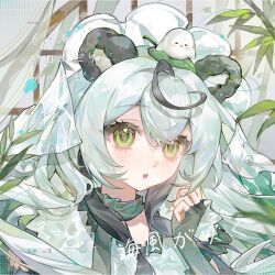 1girl :o animal_ears baiman_v black_gloves black_hair blush fingerless_gloves gloves green_eyes green_gloves green_hair hair_between_eyes hand_up highres long_hair looking_at_viewer multicolored_hair original parted_lips solo streaked_hair upper_body white_hair