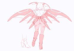 animal_print ass bare_back bare_shoulders bat_print boots breasts cleavage clothing_cutout cosplay cutout_above_navel darkstalkers demon_wings from_behind full_body greyscale head_wings heart_cutout ico_(megaman_x_dive) kaidou_zx long_hair low_wings mechanical_wings mega_man_(series) mega_man_x_(series) mega_man_x_dive monochrome morrigan_aensland morrigan_aensland_(cosplay) multiple_wings pantyhose print_pantyhose red_theme robot_girl wings