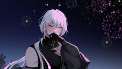1boy a_date_with_death aegyo aerial_fireworks arm_up averting_eyes black_gloves blush casper_(a_date_with_death) covering_own_mouth fireworks gloves gradient_background hair_flowing_over hair_over_shoulder hand_on_own_face highres jacket jacket_partially_removed jellyfish_cut large_variant_set light_particles male_focus multicolored_gloves nervous night night_sky non-web_source official_art open_mouth red_eyes red_gloves sky sleeveless sleeveless_turtleneck solo surprised tree turtleneck upper_body variant_set white_hair wide-eyed