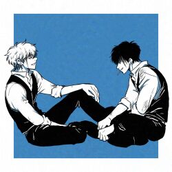 Rule 34 | 2boys, blood, blood on face, blue background, cigarette, closed mouth, collared shirt, commentary, commentary request, dirty, dirty clothes, dirty face, from side, full body, gintama, greyscale with colored background, highres, hijikata toushirou, knee up, long sleeves, looking at another, mouth hold, multiple boys, official alternate costume, pants, popped collar, profile, s m6i h, sakata gintoki, shinsengumi (gintama), shirt, short hair, sitting, sleeves rolled up, smile, vest