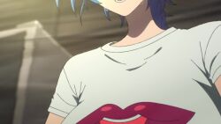 1girl animated anime_screenshot blue_eyes blue_hair bouncing_breasts breasts closed_eyes highres instrument isemi_tina keyboard_(instrument) large_breasts navel open_mouth rock_wa_lady_no_tashinami_deshite shirt smile solo stomach tagme undersized_clothes video white_shirt