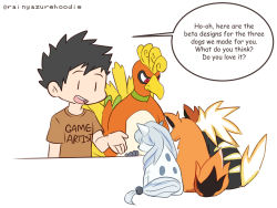 1boy 9koma bird black_hair brown_shirt commentary en_(entei) english_commentary english_text gen_2_pokemon ho-oh legendary_pokemon male_focus nintendo original pokemon pokemon_(creature) pokemon_gsc pokemon_gsc_(prototype) rai_(raikou) rainyazurehoodie shirt short_sleeves simple_background spiked_hair sui_(suicune) white_background