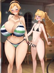1futa 1girl absurdres archer_(disgaea) bikini bikini_top_only blonde_hair bottomless bra breasts cleavage disgaea flat_chest futa_with_female futanari gigantic_breasts handjob height_difference highres huge_breasts imminent_penetration indoors long_hair magic_knight_(disgaea) multiple_girls panties penis penis_awe pointy_ears short_hair sirosoil size_difference smaller_dominant swimsuit tagme thick_thighs thighs twintails underwear wide_hips