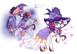Rule 34 | animal, animalization, bad id, bad twitter id, black hair, blunt bangs, brown hair, cape, character request, chocofish, closed mouth, clothed animal, colored inner hair, commentary, constellation, copyright request, dress, english commentary, eyelashes, flower, frilled dress, frills, fur-trimmed cape, fur trim, gold necklace, gradient hair, green eyes, grey eyes, hair flower, hair ornament, hat, hat flower, hat ornament, highres, horse, jewelry, lace-trimmed headwear, lace trim, leg up, long dress, long hair, looking at viewer, low-tied long hair, magic, medallion, multicolored hair, my little pony, my little pony: friendship is magic, necklace, parody, parted bangs, purple cape, purple dress, purple flower, purple hair, purple hat, purple rose, red hat, rose, simple background, smile, snout, sparkle, star (symbol), star hat ornament, tsurime, twintails, two-sided fabric, two-sided headwear, two-tone hair, unicorn, white background, witch hat