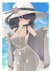 1girl absurdres alternate_costume bags_under_eyes black_hair blue_archive crossed_bangs dress flower hat hat_flower highres jacket long_hair lyz_ya no_bra open_clothes open_jacket sleeveless sleeveless_dress solo sun_hat sweat turtleneck turtleneck_dress ui_(blue_archive)