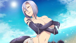 1girl arachne arms_under_breasts arthropod_girl artist_request bare_shoulders beach breasts carapace claws extra_eyes game_cg hair_between_eyes insect_girl large_breasts midriff monster_girl monster_musume_no_iru_nichijou monster_musume_no_iru_nichijou_online multiple_legs navel official_alternate_costume official_art parted_lips partially_undressed purple_hair rachnera_arachnera red_eyes short_hair side-tie_skirt skirt smile solo spider_girl taur water white_skirt