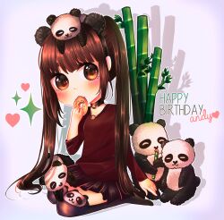 1girl absurdres animal animal_ear_hairband animal_ears animal_on_head animal_print bamboo bear_print bell black_choker black_hairband black_skirt black_thighhighs blue_background blunt_bangs blush borrowed_character brown_eyes brown_hair chewing choker collarbone commentary deformed donut dot_nose eating english_commentary english_text eyelashes fake_animal_ears fang food gift_art hair_spread_out hairband happy_birthday heart highres holding holding_food kneeling long_hair long_sleeves miniskirt neck_bell no_shoes on_head original outline panda panda_ears panda_print pleated_skirt red_shirt shadow shirt simple_background skirt sparkle sprinkles suulore tareme thick_eyebrows thighhighs twintails v-neck very_long_hair white_outline