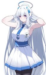 Rule 34 | 1girl, blue archive, dress, halo, highres, long hair, mechanical halo, noa (blue archive), official alternate costume, purple eyes, reia 76, simple background, smile, solo, very long hair, white background, white dress, white hair, white halo
