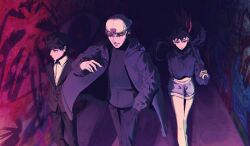 1girl 2boys absurdres black_hair black_jacket black_pants black_shirt blonde_hair breasts crop_top eyeshadow formal_clothes graffiti ha_yuri_zahard hat highres holding holding_weapon jacket kapxapius long_hair long_sleeves looking_at_another makeup multiple_boys original pants ponytail red_eyeshadow red_ribbon ribbon shirt short_hair shorts smile suit teeth tower_of_god twenty-fifth_bam urek_mazino walking weapon white_hat white_shirt