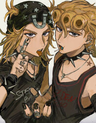 2boys absurdres alternate_costume aoiro0401 birthmark black_nails blonde_hair bracelet braid candy collar contemporary cross cross_necklace ear_piercing earrings eyebrow_piercing eyelashes eyelid_pull face_piercing finger_tattoo food giorno_giovanna hat highres horseshoe horseshoe_hat_ornament horseshoe_ornament in-franchise_crossover jewelry joestar_birthmark johnny_joestar jojo_no_kimyou_na_bouken lollipop long_hair male_focus multiple_boys necklace open_mouth piercing ring spiked_bracelet spiked_collar spikes star_(symbol) star_print steel_ball_run tank_top tattoo teeth tongue tongue_out tongue_piercing upper_teeth_only vento_aureo victory_rolls