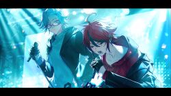 2boys absurdres ahoge aizendai aotsuki_eito black_gloves black_jacket black_streaks blue_eyes blush chinese_commentary closed_eyes ear_piercing face_piercing fingerless_gloves glasses gloves grey_hair highres holding holding_microphone hood hoodie jacket jacket_over_hoodie letterboxed looking_at_another male_focus microphone multicolored_hair multiple_boys music official_alternate_costume open_clothes open_jacket piercing red_hair red_hoodie short_hair singing stage stage_lights streaked_hair sumino_takumi sweat the_hundred_line_-last_defense_academy- tower_records