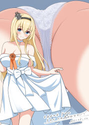 1girl abataa absurdres ass blonde_hair blue_eyes braid breasts choker cleavage crown dress flower from_below half_up_braid highres kantai_collection long_hair looking_at_viewer mini_crown mtu_virus multiple_views off-shoulder_dress off_shoulder official_alternate_costume orange_flower orange_rose panties rose smile underwear upskirt very_long_hair warspite_(anniversary)_(kancolle) warspite_(kancolle) white_choker white_dress white_panties