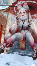 1girl animal_ear_fluff animal_ears ankle_bell bandaged_arm bandaged_hand bandages bare_shoulders bell black_bandages blurry blurry_background braco breasts commission day detached_sleeves dutch_angle fangs fox_girl full_body fur_collar geta hair_bell hair_ornament hands_up highres holding holding_umbrella japanese_clothes jingle_bell kimono large_breasts long_hair long_tail looking_at_viewer oil-paper_umbrella open_mouth original outdoors purple_eyes red_ribbon red_umbrella ribbon sitting smile snow snowing solo striped_clothes tail tail_ornament tail_ribbon thighhighs umbrella vertical-striped_clothes very_long_hair white_hair wide_sleeves