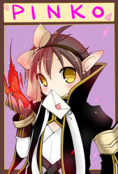 1boy black_coat black_gloves black_hairband blush brown_hair coat commentary_request fire gloves hairband looking_at_viewer male_focus nerine_aki open_clothes open_coat pointy_ears purple_background pyrokinesis ragnarok_online shirt short_hair solo upper_body warlock_(ragnarok_online) white_shirt yellow_eyes