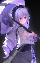 1girl a_maple absurdres ahoge ascot black_background bow bowtie cowboy_shot drill_hair hairband highres holding holding_umbrella long_hair looking_at_viewer mole pointy_ears purple_ascot purple_bow purple_bowtie purple_hair purple_hairband purple_umbrella red_eyes shrug_(clothing) sideboob_cutout smile twin_drills umbrella vivian_banshee white_shrug zenless_zone_zero