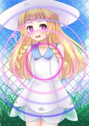 1girl ? absurdres arms_behind_back blonde_hair blush braid bright_pupils chain-link_fence cloud collarbone collared_dress commentary_request cowboy_shot day dress eyelashes fence grass hat highres hypnosis lillie_(pokemon) long_hair looking_at_viewer mind_control nintendo open_mouth outdoors pokemon pokemon_sm purple_eyes ringed_eyes sky sleeveless sleeveless_dress solo sun_hat twin_braids umatoriinnnu white_dress white_hat white_pupils