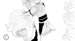1boy 1girl amamaki blush fox_tail greyscale hetero lap monochrome monochrome morichika_rinnosuke multiple_tails saliva saliva_trail straddling tail touhou yakumo_ran