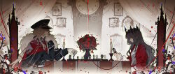 1boy 1girl :d absurdres aiguillette ambiguous_red_liquid analog_clock ascot belt belt_buckle black_cape black_hair black_headwear black_jacket blonde_hair board_game braid buckle candle candlestand cape chair chess chess_piece chessboard clock closed_mouth collared_jacket commentary covered_eyes crown curtains dress falling_petals figure flower from_side fur-trimmed_cape fur_trim gloves hair_between_eyes hair_over_eyes hat head_rest heroine_(lovebrush_chronicles) highres holding jacket lars_rorschach lars_rorschach_(infinite_empire) long_hair long_sleeves looking_at_another looking_at_object lovebrush_chronicles open_mouth painting_(object) peaked_cap petals plant portrait_(object) profile red_ascot red_cape red_flower red_rose red_shawl rose shawl shoulder_guard side_braid sitting sleeve_cuffs smile symbol-only_commentary table tablecloth thorns two-tone_cape upper_body vase vines watermark weibo_watermark white_belt white_dress white_gloves z6