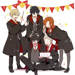 1girl 4boys black_hair brown_hair glasses grin harry_potter_(series) highres james_potter lily_evans multiple_boys peter_pettigrew remus_lupin school_uniform short_hair sirius_black smile wizarding_world