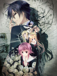 Rule 34 | 1boy, 5girls, 5pb., arimura hinae, black dress, blonde hair, blue eyes, blue hair, blush, bow, breasts, brown hair, buttons, chaos;child, chest bow, collarbone, crack, cracked glass, cropped jacket, double-breasted, dress, ears visible through hair, frown, glasses, hair between eyes, hair bow, headphones, hekiho academy, hekiho academy school uniform, high collar, highres, kazuki hana, kurusu nono, long hair, long sleeves, looking at viewer, looking back, looking to the side, medium hair, miyashiro takuru, multiple girls, multiple hair bows, nitroplus, no dickey, official art, onoe serika, open mouth, pink hair, purple eyes, red bow, red eyes, sailor collar, sasaki mutsumi, school emblem, school uniform, shadow, shibuya (tokyo), shibuya 109, shirt, short hair, short hair with long locks, sidelocks, smile, sticker, sumo sticker (chaos;child), teeth, thighhighs, tokyo (city), translucent hair, upper teeth only, white bow, white sailor collar, yamazoe uki