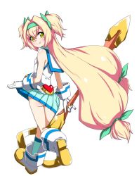 blazblue blonde_hair clothes_lift gloves hairband heart heart-shaped_pupils kaname_nagi lifting_own_clothes long_hair looking_at_viewer magical_girl platinum_the_trinity skirt skirt_lift socks staff symbol-shaped_pupils tongue tongue_out twintails very_long_hair white_gloves