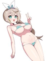 Rule 34 | 1girl, :3, absurdres, alternate costume, aqua eyes, bikini, blonde hair, bow hairband, breasts, cleavage, clenched hand, commentary request, girls&#039; frontline, girls&#039; frontline 2: exilium, green hair, hairband, highres, korean commentary, large breasts, long hair, looking at viewer, loveu, multicolored hair, open mouth, sharkry (girls&#039; frontline 2), side ponytail, simple background, smile, solo, star-shaped pupils, star (symbol), streaked hair, string bikini, striped bikini, striped clothes, swimsuit, symbol-shaped pupils, thighs, two-tone hair, v, white background