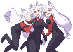 3girls absurdres animal_ear_fluff animal_ears black_gloves black_pants black_shoes black_suit cerberus_(helltaker) closed_mouth dog_ears dog_girl fang formal_clothes gloves helltaker highres long_hair looking_at_viewer multiple_girls one_eye_closed pants ponytail red_eyes red_shirt serelith shirt shoes siblings sidelocks sisters skin_fang smile suit triplets white_hair
