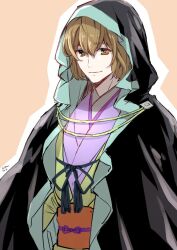 1boy black_cloak brown_eyes brown_hair character_request cloak japanese_clothes kimono light_smile male_focus short_hair simple_background solo upper_body wand3754 yellow_kimono