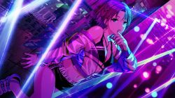 1girl asakura_toru bare_back black_nails earrings highres idolmaster idolmaster_shiny_colors jewelry navel nightclub official_art open_mouth see-through_clothes short_hair standing swimsuit