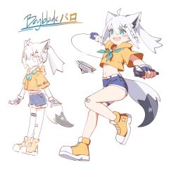 1girl absurdres alternate_costume animal_ears beyblade beyblade_(object) blue_eyes blue_gloves blue_shorts cropped_hoodie fingerless_gloves fox_ears fox_girl fox_tail full_body gloves highres holding hololive hood hoodie hyde_(tabakko) multiple_views orange_hoodie shirakami_fubuki shorts simple_background tail translation_request virtual_youtuber white_background white_hair