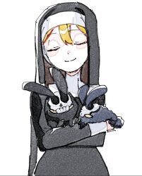 1girl animal blonde_hair closed_eyes double_(skullgirls) dust_bunny_(skullgirls) facing_viewer highres holding holding_animal nun shimoya_k skullgirls smile solo upper_body white_background