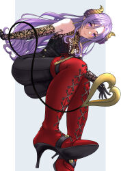 Rule 34 | 1girl, absurdres, ass, black gloves, black pants, black shirt, blush, boots, breasts, brown horns, closed mouth, commentary request, demon girl, demon horns, demon tail, elbow gloves, from below, full body, gloves, grey background, high heel boots, high heels, highres, horns, konekoneko (konekopi), lace, lace gloves, lace shirt, large breasts, long hair, looking at viewer, mole, mole under mouth, nanashi inc., pants, pointy ears, purple eyes, purple hair, red boots, saionji mary, saionji mary (10th costume), shirt, sleeveless, sleeveless shirt, smile, solo, tail, thigh boots, two-tone background, virtual youtuber, white background
