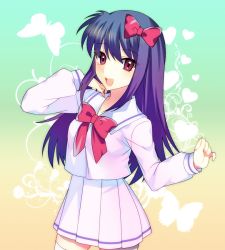 Rule 34 | 1girl, ageha (kyoukai no rinne), breasts, bug, butterfly, heart, bug, kyoukai no rinne, long hair, open mouth, purple eyes, purple hair, ribbon, skirt, thighhighs