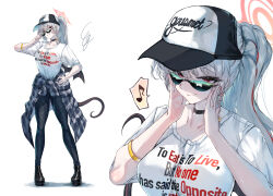 1girl absurdres alternate_costume alternate_hairstyle ankle_boots baseball_cap black_boots black_choker black_pantyhose black_wings blue_archive blush boots braid breasts choker closed_mouth clothes_writing demon_wings english_text full_body grey_hair halo hands_on_own_cheeks hands_on_own_face haruna_(blue_archive) hat highres large_breasts long_hair looking_at_viewer multiple_views musical_note pantyhose plaid_clothes red_eyes red_halo shadow shirt signature simple_background single_wing smile spoken_musical_note standing sunglasses sunnysideup t-shirt tail white_background white_shirt wings