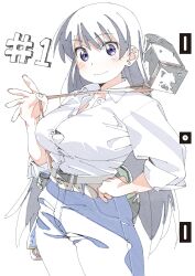 1girl arato_nagi belt_pouch blue_pants blush breasts commentary_request cowboy_shot denim earrings grey_hair hammer highres holding_strap jeans jewelry large_breasts long_hair pants pouch purple_eyes ruri_no_houseki sakuya_(saqu09307728) shirt shirt_tucked_in simple_background smile solo white_background white_shirt