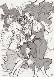 1boy 2girls agua_mp belt blush bound bound_wrists dress facial_hair femdom girl_sandwich greyscale hand_on_another&#039;s_head harem long_skirt looking_at_another mario mario_(series) monochrome multiple_girls mustache nintendo off_shoulder open_belt partially_unbuttoned pauline_(mario) princess_peach sandwiched skirt socks super_mario_odyssey tall_female undressing_another unworn_clothes