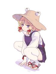 1girl absurdres blonde_hair brown_hat full_body hat highres looking_at_viewer moriya_suwako nao_jieshi purple_eyes purple_skirt purple_vest short_hair skirt smile solo squatting thighhighs touhou vest white_background white_thighhighs