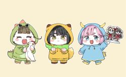 3girls :3 :d ^_^ acrylic_stand_(object) aged_down alternate_costume animal_ears animal_hood anyoji_hime arm_up black_hair blue_hoodie blue_pants blunt_bangs blush blush_stickers brown_background brown_hair brown_shoes center-flap_bangs chibi chibi_only closed_eyes closed_mouth commentary dinosaur_hood do!_do!_do!_(love_live!) facing_viewer fox_ears fox_girl fox_hood fox_tail fujishima_megumi gonzales_(love_live!) green_eyes green_hoodie green_pants hashtag-only_commentary holding holding_stuffed_toy holiday_holiday_(tenko)_(love_live!) hood hoodie horned_hood horns ishikawa_prefecture kachimachi_kosuzu link!_like!_love_live! long_sleeves looking_at_viewer love_live! mira-cra_park! momose_ginko moso_(expect66) multiple_girls official_alternate_costume open_mouth osawa_rurino pants peking_duck_(love_live!) pink_hair shoes sidelocks simple_background smile stuffed_chicken stuffed_toy tail thick_eyebrows yellow_hoodie yellow_pants yellow_shoes
