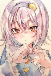 Rule 34 | 1girl, :/, absurdres, black hairband, blue shirt, blush, buttons, commentary request, crossed bangs, expressionless, frilled shirt collar, frills, hair between eyes, hair ornament, hairband, hands up, heart, heart button, heart hair ornament, heart hands, highres, kamu kotan, komeiji satori, long sleeves, looking at viewer, pink hair, raised inner eyebrows, red eyes, shirt, short hair, simple background, solo, touhou, tsurime, white background, yellow eyes