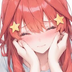 1girl blush closed_eyes closed_mouth collarbone go-toubun_no_hanayome grabbing_another&#039;s_face hair_between_eyes hair_ornament head_grab long_hair nakano_itsuki red_hair shirt solo star_(symbol) star_hair_ornament user_azww5733 white_background white_shirt