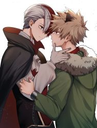 2boys animal_ears bakugou_katsuki black_cape blonde_hair blue_eyes boku_no_hero_academia burn_scar cape chain collar fox_ears fur gloves green_jacket grey_eyes grey_hair heterochromia highres jacket long_sleeves male_focus miyanami_3 multicolored_hair multiple_boys open_mouth red_cape red_eyes red_hair scar scar_on_face shirt short_hair spiked_hair split-color_hair todoroki_shouto two-tone_hair vampire_costume white_background white_gloves white_hair white_shirt yaoi