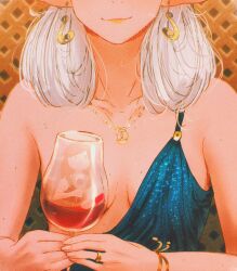 1girl absurdres asimov_(spindle_(aidenr0)) blank_stare blue_dress bracelet breasts commentary convenient_censoring cup dress drinking_glass earrings elf english_commentary freckles gold_bracelet gold_earrings gold_necklace highres jewelry lipstick makeup medium_breasts mole mole_on_breast necklace original ottilie_(spindle_(aidenr0)) pointy_ears reflection ring smirk spindle_(aidenr0) staring white_hair wine_glass