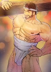 1boy :d abs bara beard biceps bloom brown_eyes brown_hair carrying_over_shoulder cowboy_shot facial_hair fundoshi highres japanese_clothes looking_at_viewer male_focus muscular muscular_male nipples open_mouth ryu_(street_fighter) smile solo spiked_hair street_fighter thick_eyebrows topless_male toshun_(momotoshi) wet