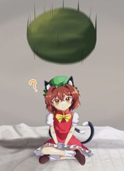 1girl :3 ? absurdres animal_ear_fluff animal_ear_piercing animal_ears blush bow bowtie brown_eyes brown_hair cat_ears cat_tail chen crossed_bangs earrings food frills fruit full_body hair_between_eyes hat head_tilt highres jewelry looking_at_viewer mob_cap motion_blur motion_lines multiple_tails nekomata petticoat puffy_short_sleeves puffy_sleeves red_skirt red_vest shadow short_hair short_sleeves single_earring sitting skirt skirt_set solo tail toogeruu touhou two_tails v_arms vest watermelon yellow_bow yellow_bowtie
