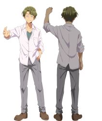 Rule 34 | 1boy, anime coloring, arm up, black eyes, clenched hand, closed mouth, collared shirt, delinquent f (hitoribocchi no isekai kouryaku), full body, green hair, grey pants, highres, hitoribocchi no isekai kouryaku, jitome, long sleeves, looking at viewer, male focus, nakano keiya, open hand, palms, pants, shirt, short hair, simple background, sleeves rolled up, smile, solo, standing, t-shirt, transparent background, white shirt