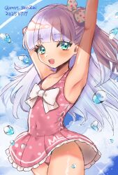1girl arm_up armpits blue_sky blunt_bangs bow casual_one-piece_swimsuit cloud cowboy_shot dated dress_swimsuit flat_chest green_eyes grey_hair highres kantai_collection long_hair looking_at_viewer maestrale_(kancolle) maestrale_(swimsuit)_(kancolle) mot_zenzai one-hour_drawing_challenge one-piece_swimsuit one_side_up pink_one-piece_swimsuit polka_dot polka_dot_swimsuit sky solo swimsuit swimsuit_skirt twitter_username white_bow